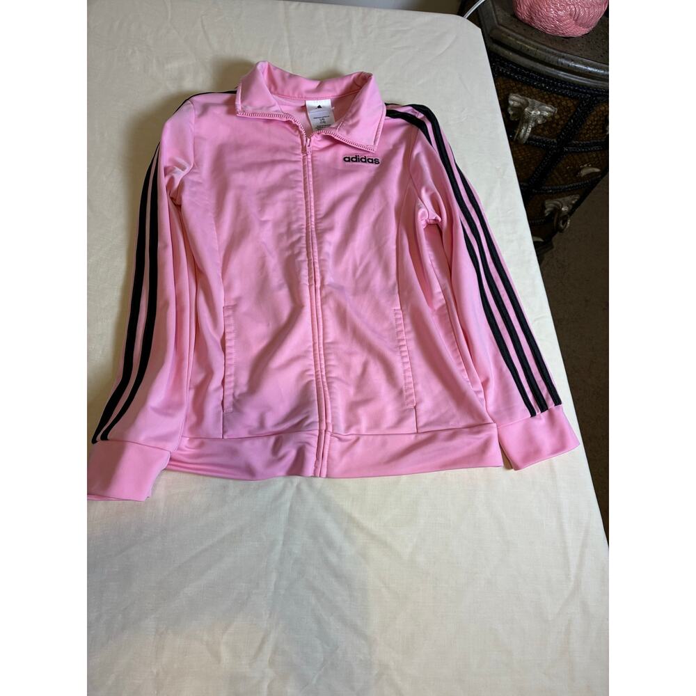 Adidas Pink Track Jacket Youth Large 14 Girls Full Zip 3 Stripe Athletic